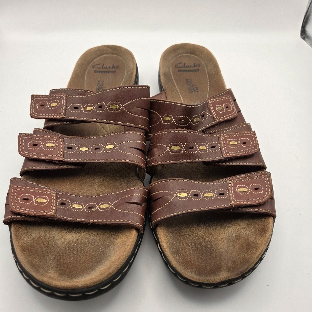 Clarks Women's Size 11‎ Leisa Leather Slide Sandal Adjustable Straps Brown